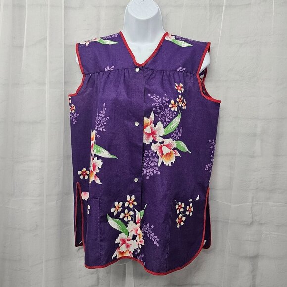 Vintage Purple Red Floral Tank Pearl Snap Retro Boho Hippie M - Picture 11 of 11